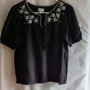 Wonderly Black Blouse with White Floral Embroidery